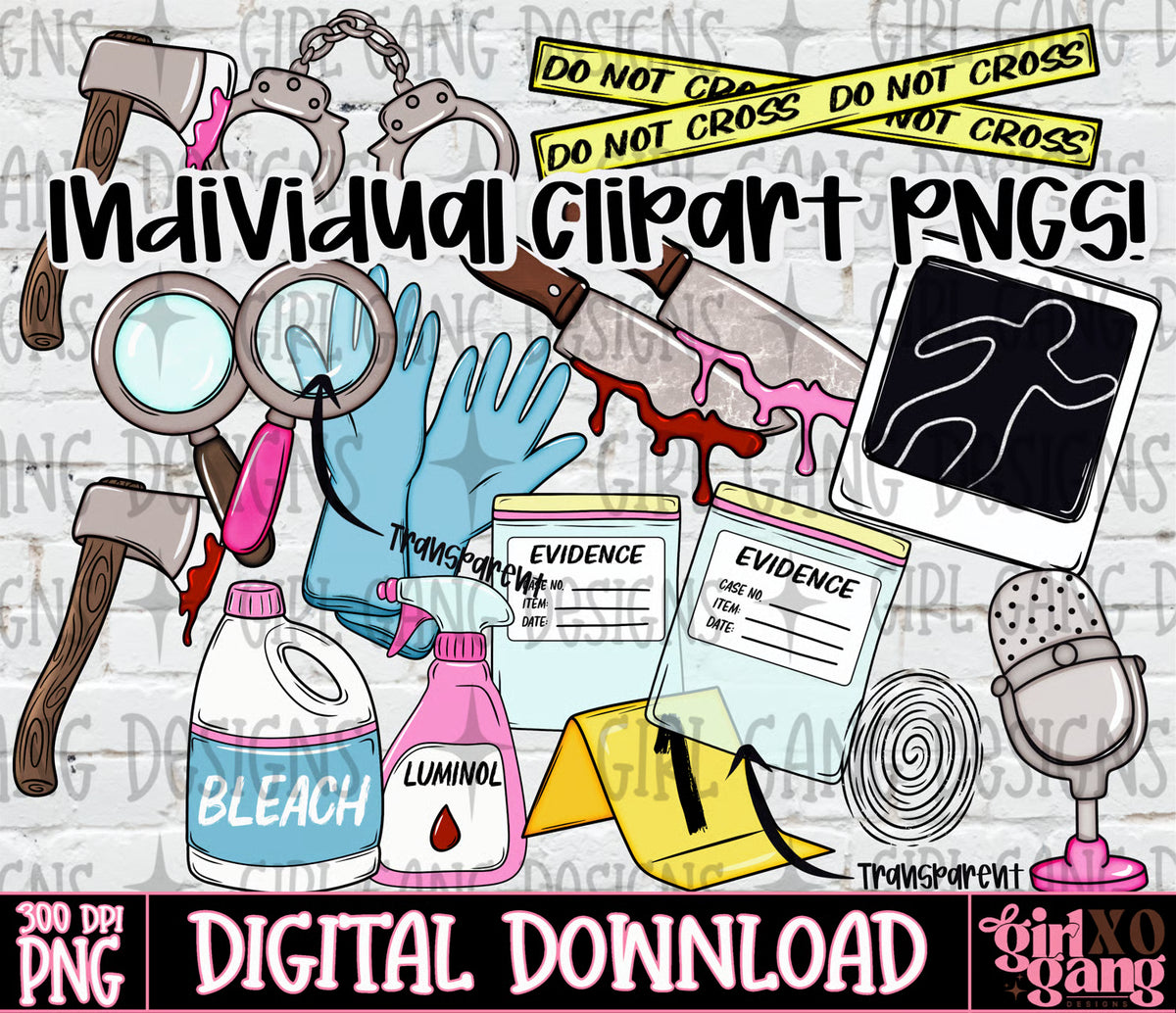 True crime clipart png bundle | Horror forensic hand drawn clipart crime scene tape etc