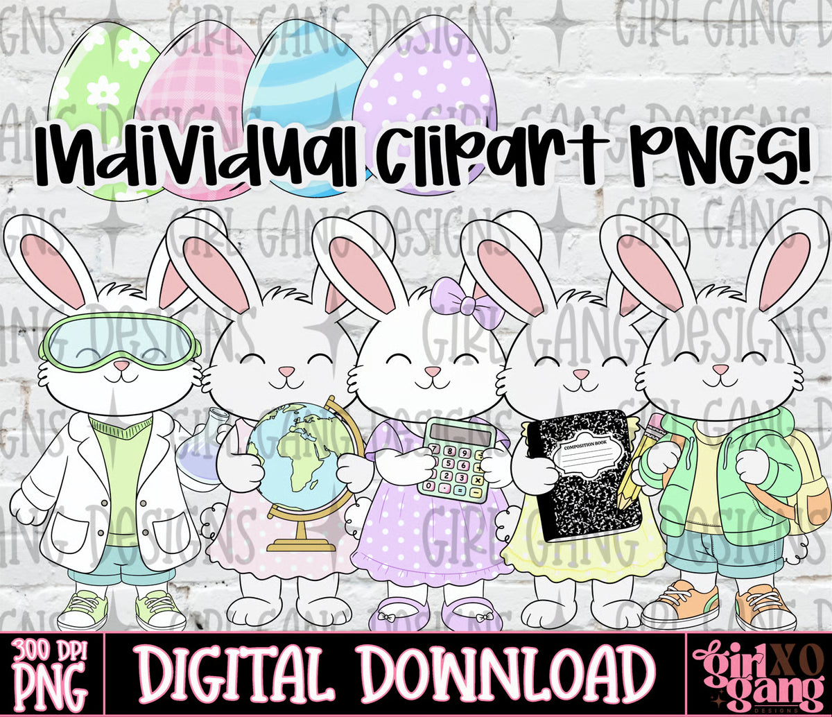School themed easter bunnies hand drawn clipart bundle