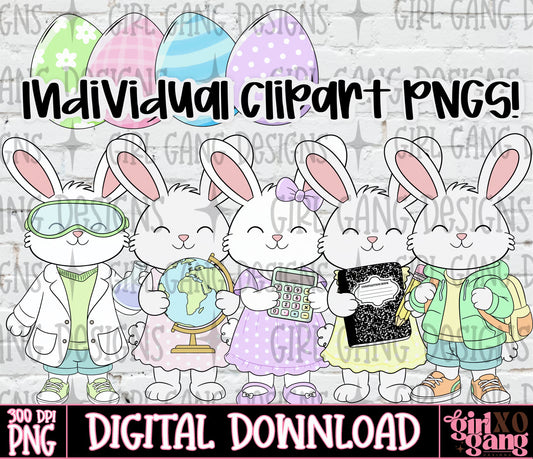 School themed easter bunnies hand drawn clipart bundle