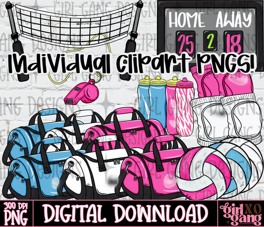 Volleyball Clipart bundle | Hand drawn sports score board volleyball net etc pngs