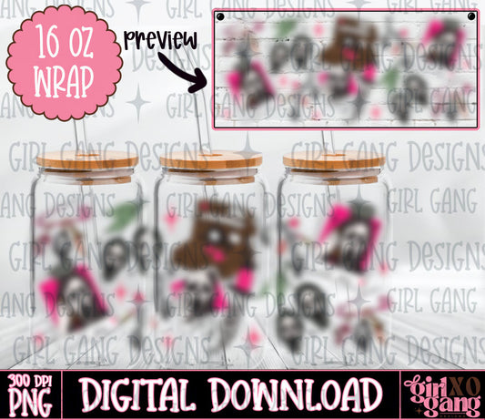 scary mov ie characters 16 oz glass can wrap png digital download | halloween polaroid leopard print cup wrap