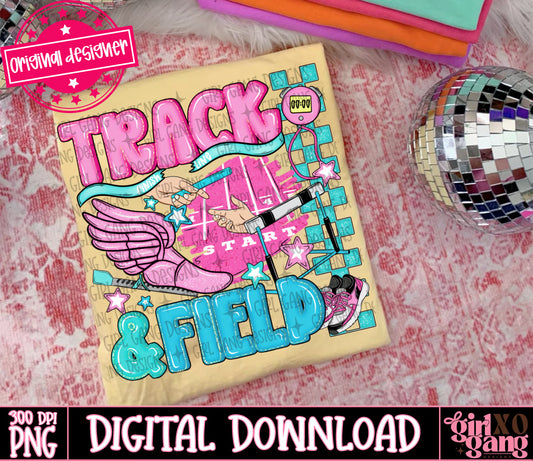  colorful graphic with the words “TRACK & FIELD,” a pink winged shoe, stars, and a disco ball on a pink patterned background. Text at the bottom reads “300 DPI PNG DIGITAL DOWNLOAD,” 